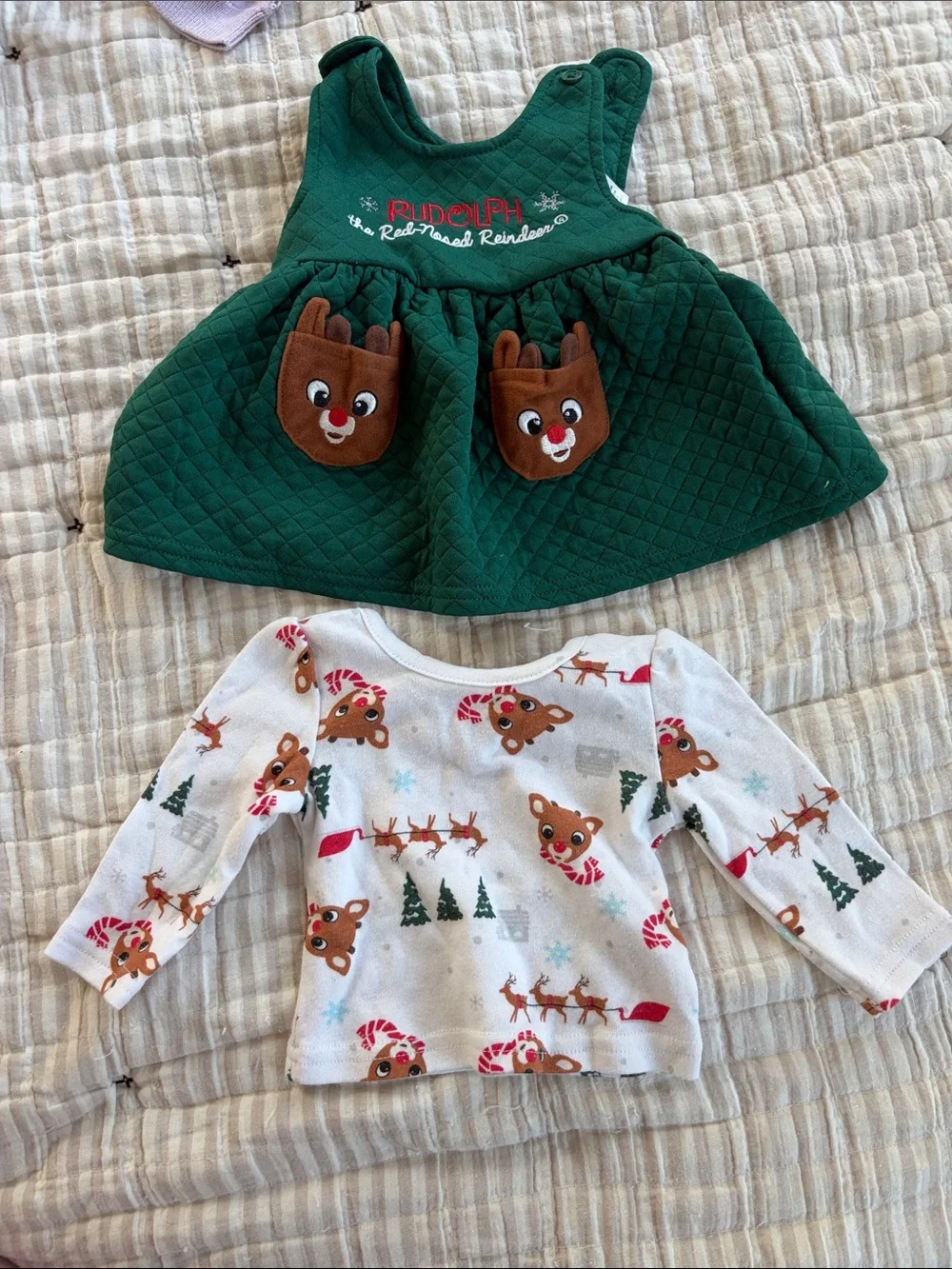 Carter's Green Quilted Rudolph Pinafore Dress with Brown Reindeer Pockets